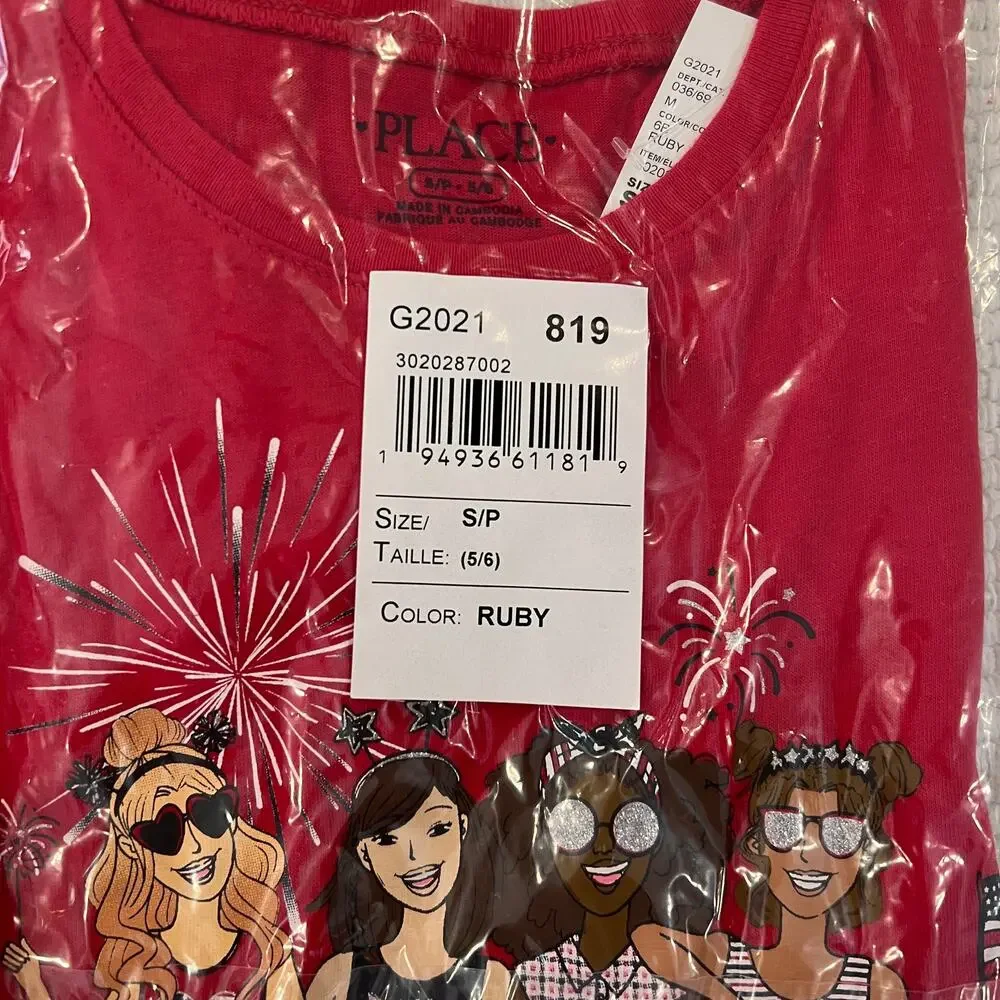 NWT Children's Place Girls Red 4th of July American Girl Squad Tee -SIZE S (5/6)